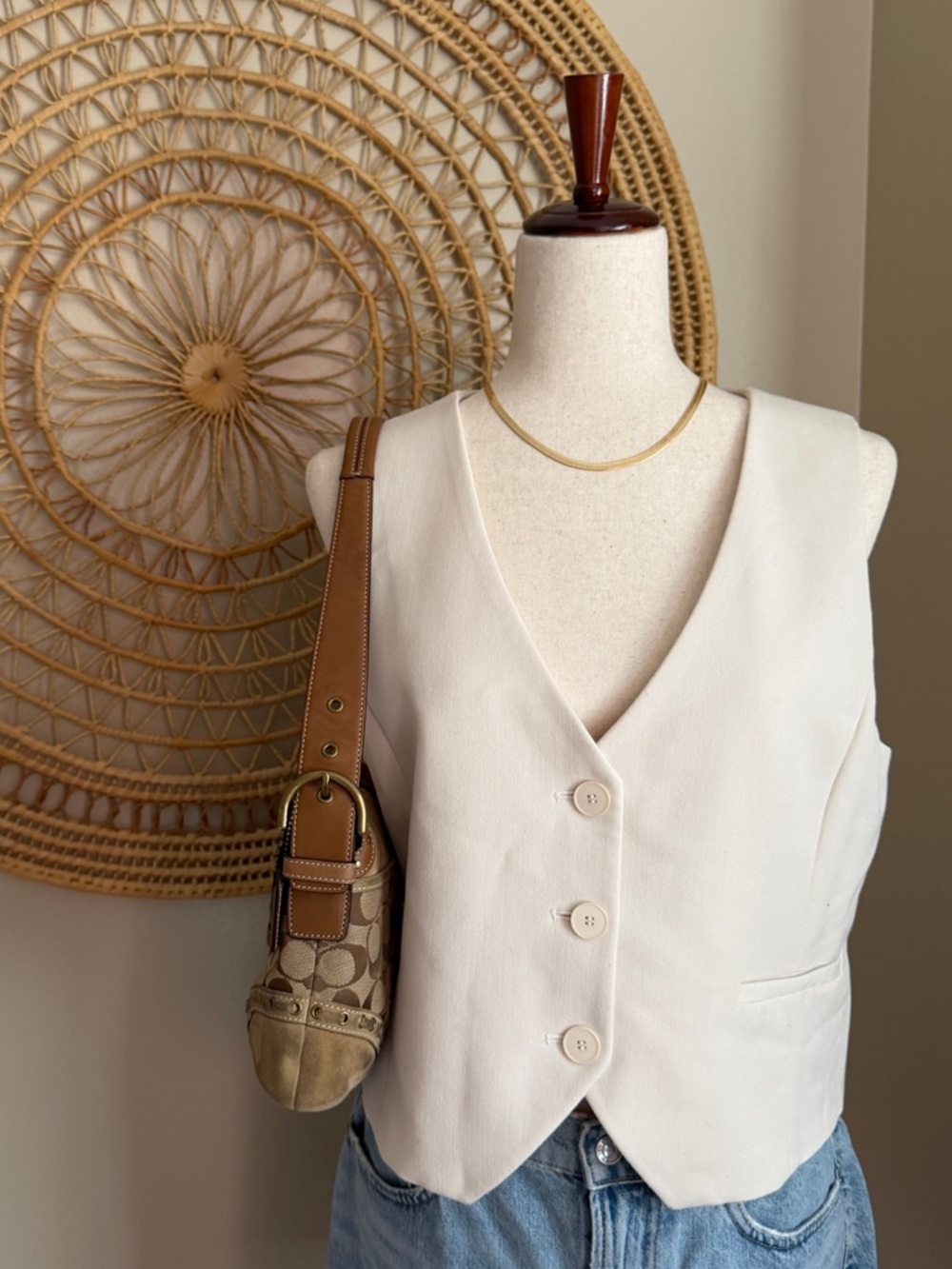 Oak + Fort Cream V-neck Button Up Vest